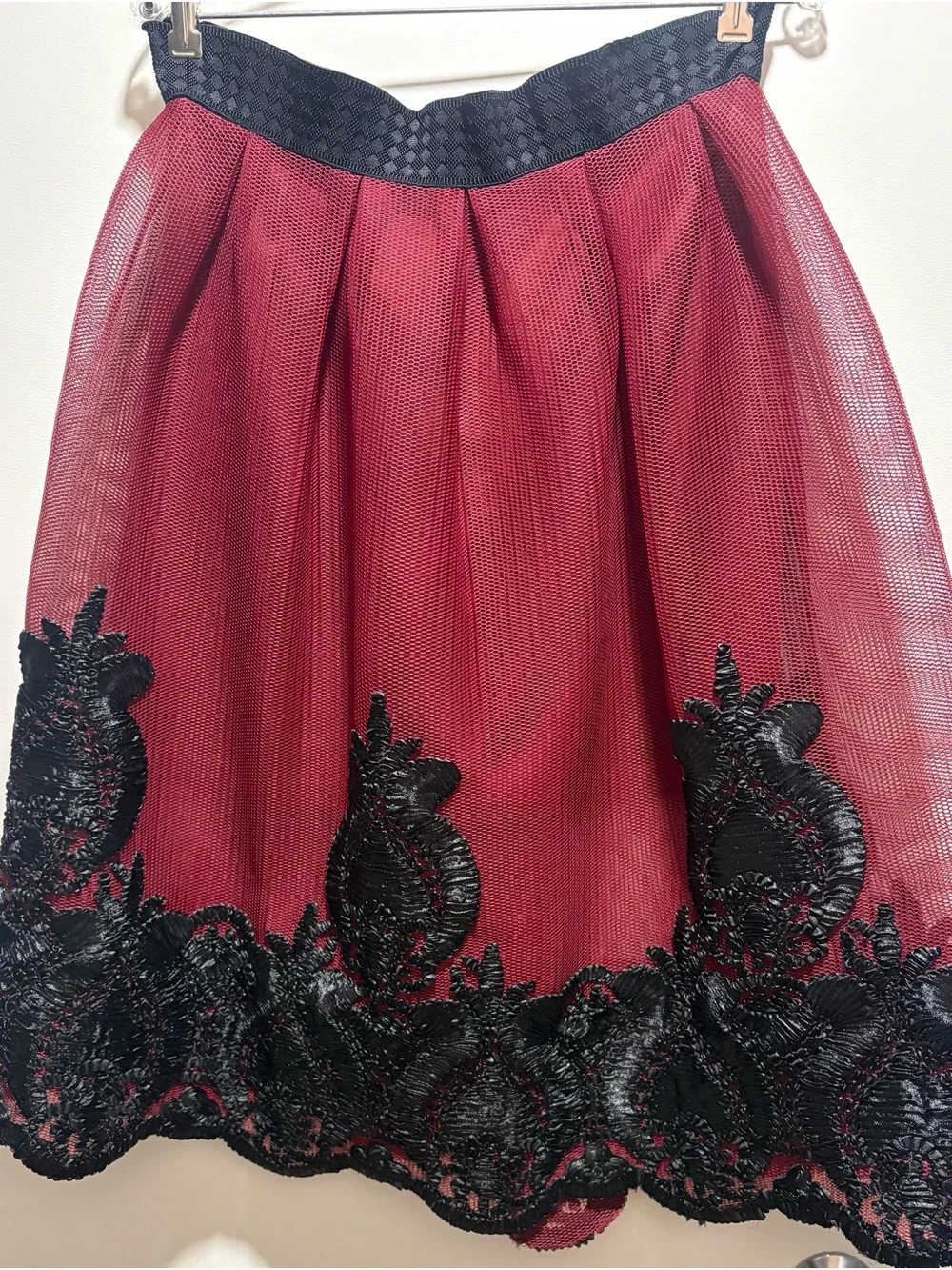 Mango USA Women's Burgundy Tulle Skirt with Black Lace Trim